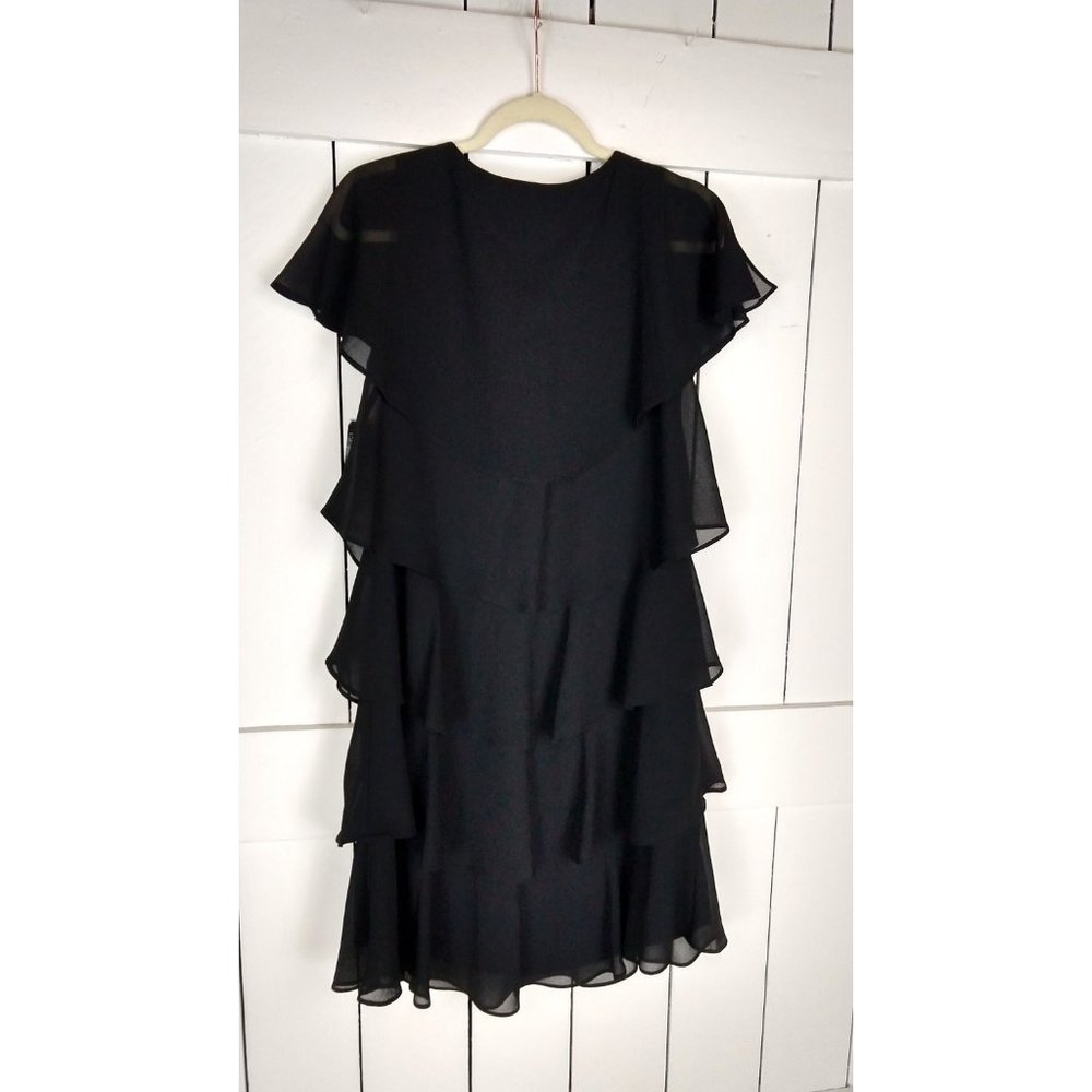 90s Scarlett black ruffle midi mid length pullover cocktail dress LBD 8 - Picture 3 of 4